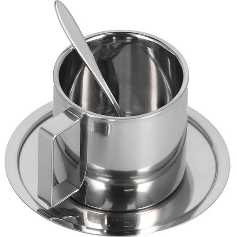 3-teiliges Set isolierter Kaffeebecher aus doppelwandigem Edelstahl mit Untertasse und Löffel, 280 ml (1/5)