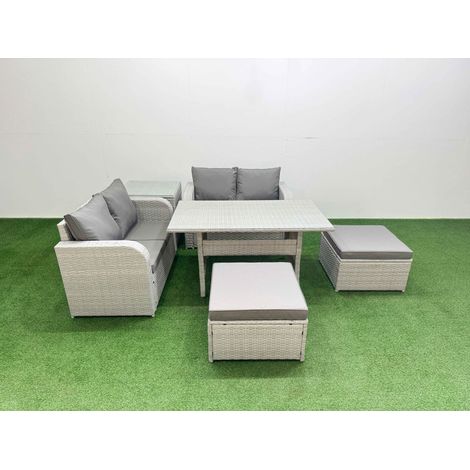 Fimous 6 Seater Outdoor Love Sofa Set Rattan Garden Furniture Set with Rectangular Dining Table 2 Footstool Side Table Light Grey (1/4)