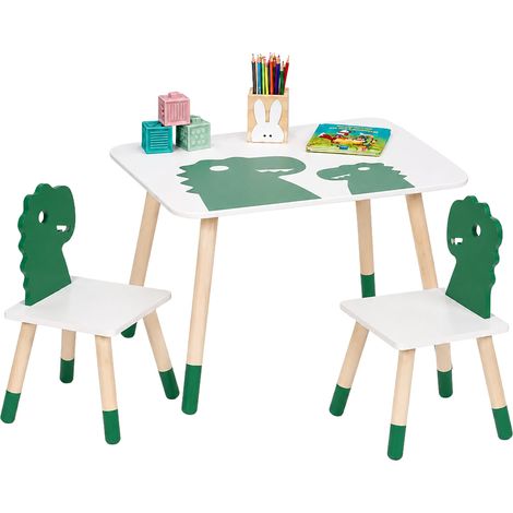 Relaxdays Kindersitzgruppe, Dino-Design, Kindertisch mit Stühlen, Mädchen & Jungen, Sitzecke für Kinderzimmer, weiß/grün (1/5)