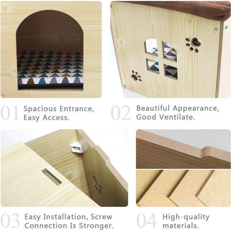 Niche pour Chat Maisonnette en Bois avec Coussin Lavable et Coussin de Siège Confortable
