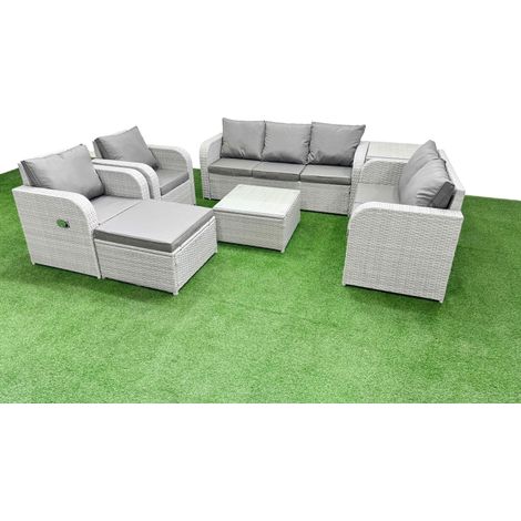 Fimous PE Rattan Garden Furniture Set Adjustable Chair Sofa Double Love Seat 2 Seater Sofa Lounge Set Square Coffee Table Big Footstool Side Table Light Grey (1/5)