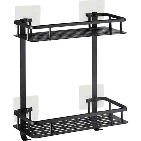 Rustproof Aluminum Shower Shelf Sticky Bathroom Shelf with Hanging Soap Hooks (2 Tiers) (Carré Nior)