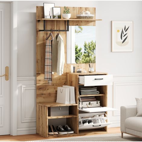 Meuble d'entrée en panneaux de particules blanc et naturel avec miroir, banc à chaussures et rangements, 100 x 38,5 x 190 cm (1/5)