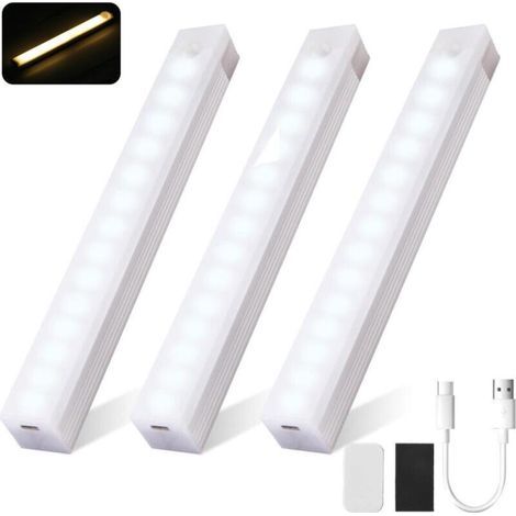 Lumière LED avec détecteur de mouvement, rechargeable USB-C, magnétique, pour armoires, escaliers et cuisines, pack de 3, 50 cm, lumière chaude. (1/5)