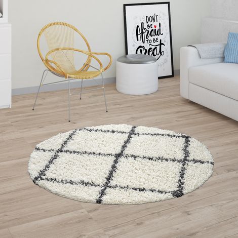 Paco Home Hochflor Teppich Shaggy Für Wohnzimmer Skandi Stil Rauten-Design In Beige Ø 160 cm Rund