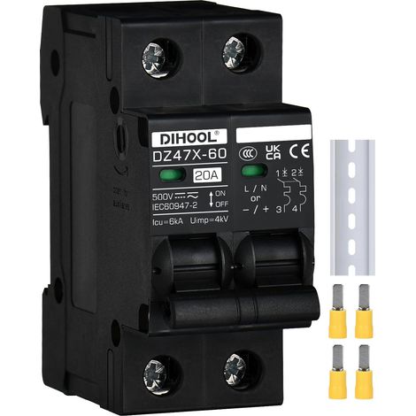 DC disjoncteur 12V 24V solaire PV disjoncteur fusible photovoltaïque automatique (DC500V,2 pôles,20 ampères) (1/5)