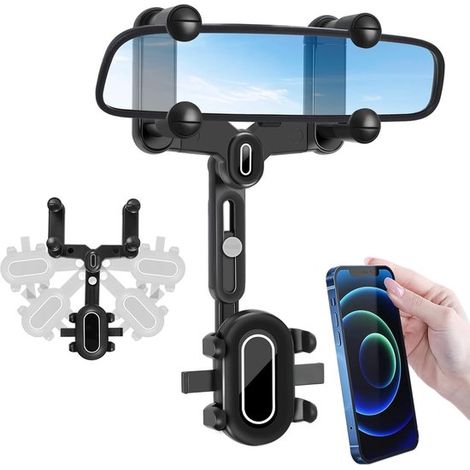 Soporte universal para teléfono para espejo retrovisor de coche: giratorio 360 grados y retráctil. (1/3)