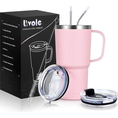 600ml Thermobecher mit Henkel, Vakuum Kaffeebecher Edelstahl, Doppelwandig, mit Strohhalm & Deckel, Hellrosa (1/5)