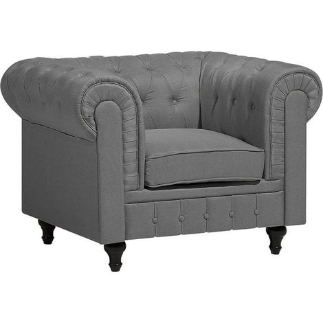 Fauteuil en Tissu Gris Clair Dossier à Points Diamant Style Classique Chesterfield