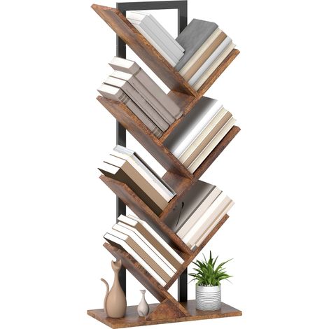 Étagère en bois brun rustique 7 niveaux design étroit en forme d'arbre pour bureau et décoration intérieure moderne. (1/5)