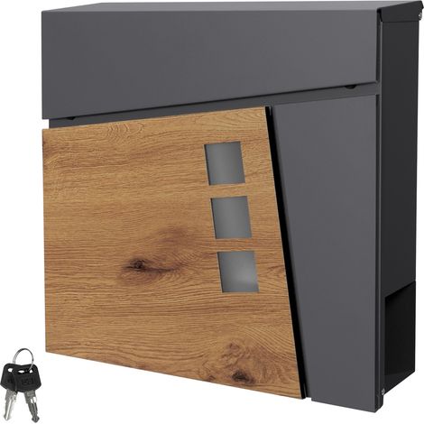 ML-Design Briefkasten 37x36,5x11 cm Anthrazit/Holzoptik aus Stahl, Postkasten mit Zeitungsfach, Abschließbar mit 2 Schlüssel, Moderner Design Wandbriefkasten mit Zeitungsrolle, Mailbox für Wandmontage