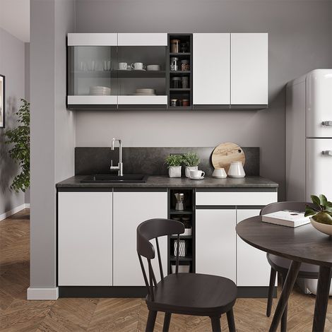 Singleküche R-Line, Weiß/Anthrazit, 160 cm J-Shape, Vicco