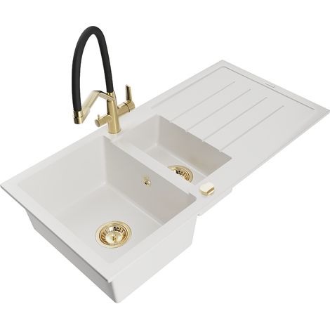 Mexen Andres lavello in granito 1,5 vasca con scolapiatti e miscelatore cucina Duo, bianco - 6515-20-671701-57-G (1/5)