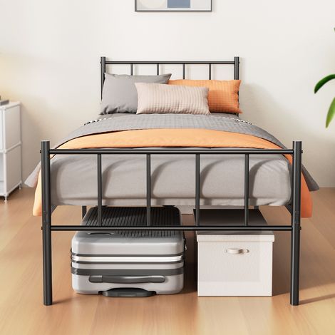 Cama de metal 90 x 200 cm, CECIPA MAX estructura de cama con cabecero, incluye 14 láminas, robusto marco de acero, soporta hasta 300 kg, no requiere somier, Negro