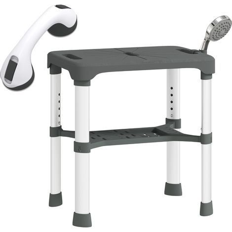 Taburete de ducha con altura ajustable, estante integrado y barra de apoyo con ventosa para personas mayores y discapacitados, gris (1/5)