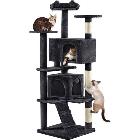Homevive Árbol Rascador para Gatos Altura 178 cm Torre para Gatos Multinivel con 3 Plataformas 2 Cueva para 3-4 Gatos Negro