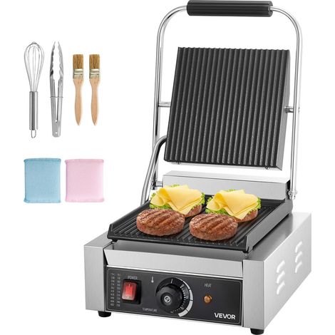VEVOR Piastra Elettrica per Panini Professionale, 1800 W, in Acciaio Inox con Maniglia e Controllo della Temperatura, Piastra Smaltata Scanalata Piatta da 22 x 23 cm, per Bistecche, Pancetta (1/5)