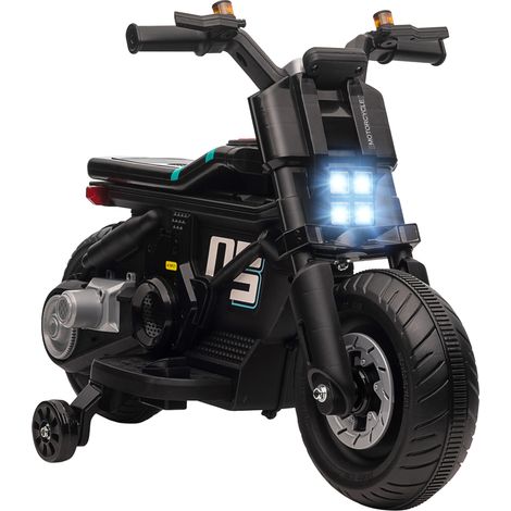Kids Electric Motorbike with Siren, Horn, Headlights, Music, Training Wheels, for Ages 3-5 Years - Black