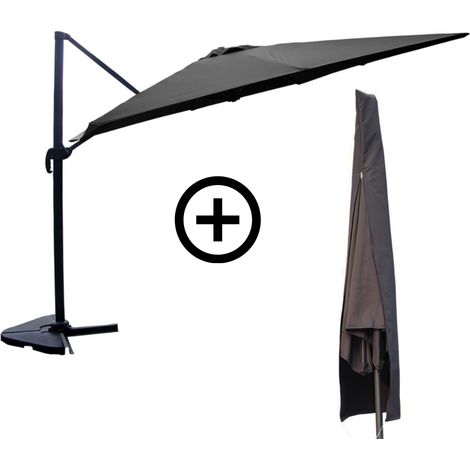 Bundle parasol 3x4m déporté rotatif gris + housse CESARE