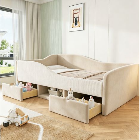 Cama infantil tapizada (201x98x52 cm), con dos cajones, espacio abierto, zapatero, barandillas de seguridad, terciopelo beige (1/5)
