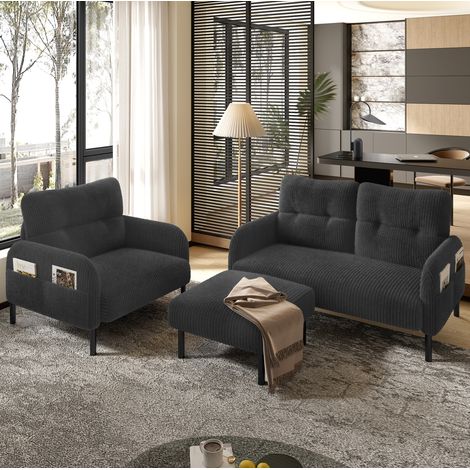 Set salotto 3 pezzi 120x75x79 cm, divano, poltrona e pouf, seduta profonda, tasca laterale, corda, grigio (1/5)