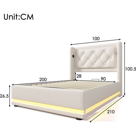 Lit simple rembourré 90×200cm PU blanc,plateau hydraulique,tête USB Type-C,LED 3 faces,lit sécurisé vendu sans matelas (1/5)