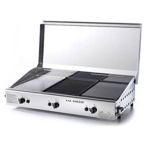 Barbecue Tripla Piastra di Cottura a Gas GPL e metano con 3 Piastre in Acciaio Inox e Ghisa con coperchio Made in Italy