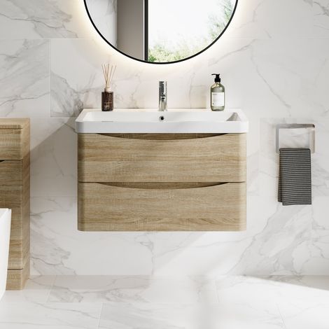 800mm Bathroom Vanity Unit Wall Hung Furniture Cabinet Basin Soft Close Oak (1/5)