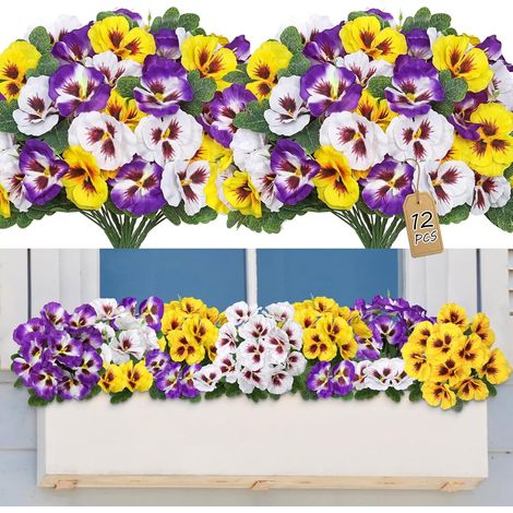 Lot de 12 pensées artificielles pour extérieur - Fleurs artificielles en soie résistantes aux UV - Fausses fleurs - Plantes artificielles en plastique pour porche d'entrée, jardin, jardinière (1/5)