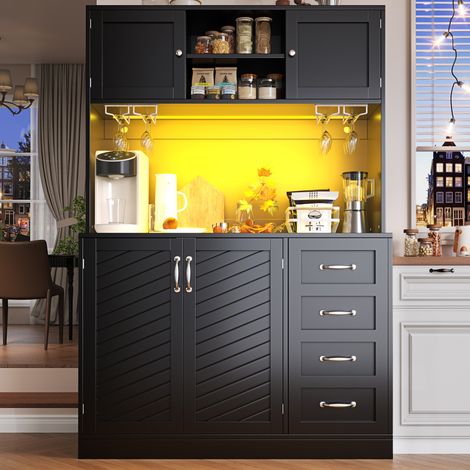 Buffetschrank MDF Schwarz 120 x 40 x 188 cm, mit LED-Beleuchtung per App, 4 Türen, 2 Schubladen und Getränkehaltern (1/5)