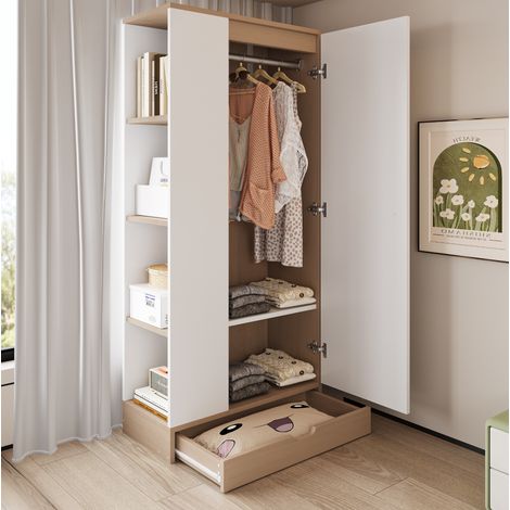 Armoire 70 x 40 x 170 cm 1 porte avec étagères et tiroirs, bois naturel et blanc HAVRYA (1/5)