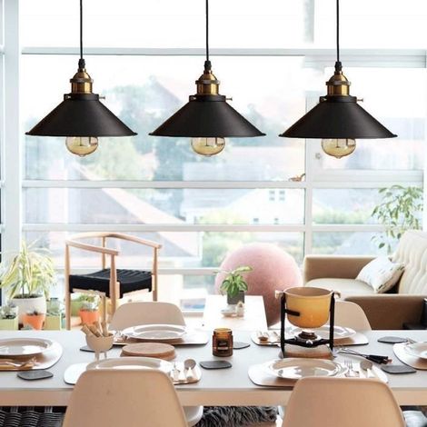 Rétro 3 Luminaires Suspensions Noir Industrielle E27-Ø22 cm Métal Lustre Abat-jour plafonnier Intérieur Eclairage Decoratif (1/4)