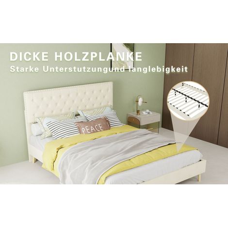 Lit coffre beige 140 x 200 cm avec tête de lit rembourrée et matelas inclus, cadre bas multifonction pour chambre et appartement (1/5)