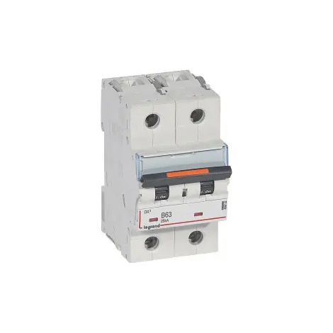 Disjoncteur DX³ 25kA arrivée haute et départ bas à vis 2 Pôles 230V à 400V 63A courbe B 3 modules LEGRAND 409722