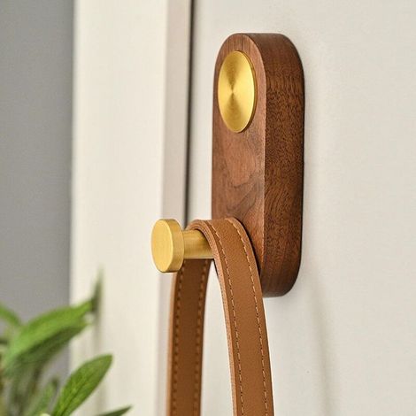 Gancio da parete in legno naturale, noce nero, senza fori, per appendere cappelli, asciugamani, borse, corde e altro ancora. Relax garantito. (1/4)