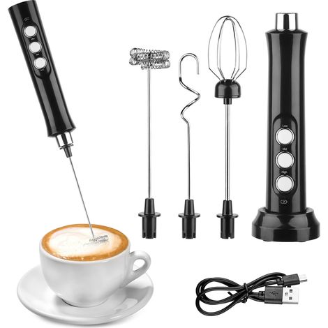 Elektrischer Milchaufschäumer mit 3 Rühraufsätzen, wiederaufladbar per USB, 3 Geschwindigkeitsstufen, Mini-Schneebesen für Kaffee, Matcha, Cappuccino und Eier