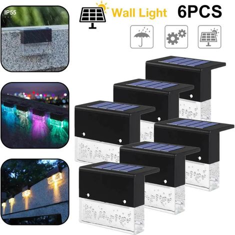 Luces solares LED de 6 piezas, luz para cercas, lámparas de pared, luz de jardín, lámpara de escalera exterior, luz decorativa de jardín blanca cálida/que cambia de color