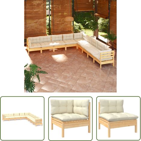 The Living Store 9-tlg. Garten-Lounge-Set mit Creme Kissen Massivholz Kiefer - Gartensessel - Lounge Set - Gartenmöbel - Rattan Möbel - Kiefernholzmöbel (1/5)