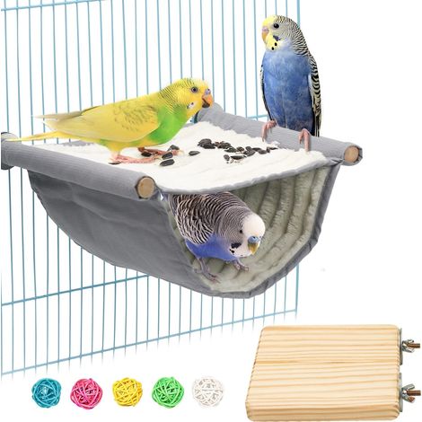 Vogel Hängematte Etagenbett, Vogelnest Höhlen Schlafplätze Vogelkäfig Zubehör Vogel Spielzeug Inkl. Vogelsitzbrett und 5 Rattan Ball für Wellensittich Nymphensittich Finken Hamster Rennmaus (Grau) (1/5)