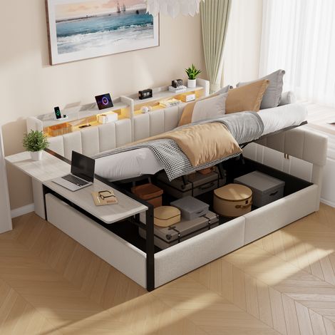 Lit banquette 140 x 200 cm - table rabattable - tables de chevet interchangeables - coffre de rangement hydraulique - blanc (1/5)