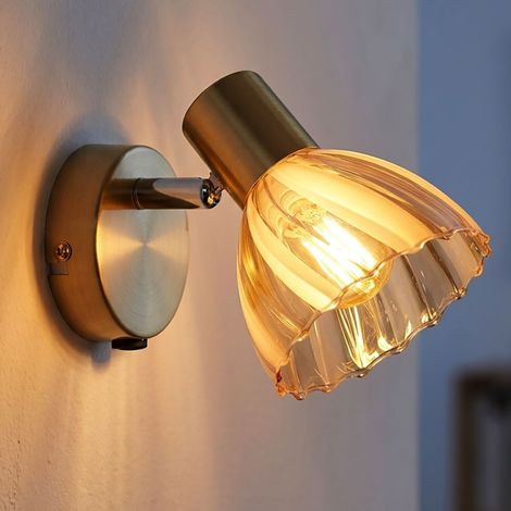 Lampada da parete, lampada da soggiorno, faretto orientabile, ottone e vetro, H 12,5 cm (1/5)