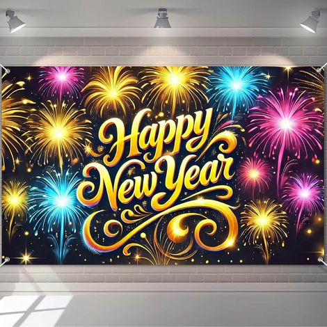 Bannière « Bonne Année 2026 » - Grand fond doré avec feux d'artifice, décoration murale intérieure et extérieure pour le Nouvel An et arrière-plan photo pour les événements de fêtes (1/5)