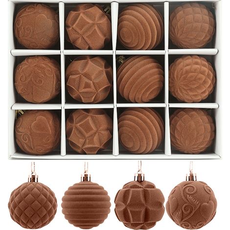 Boule De Noel - Boules De Noël En Velours Marron Flockées - Décoration Pour Arbre De Noël - 12 Pièces (1/5)