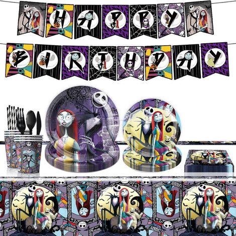 Kit De Décoration De Fête - Assiettes - Gobelets - Couverts - Nappe - Bannière - Thème Jack Et Sally - 10 Pièces Par Article - Lot Complet (1/4)