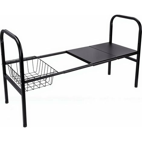 Organisateur extensible sous évier, étagère à 1 niveau avec panier amovible, 2 panneaux pour armoire, vestiaire, armoire, placard, rangement classique noir (1/5)
