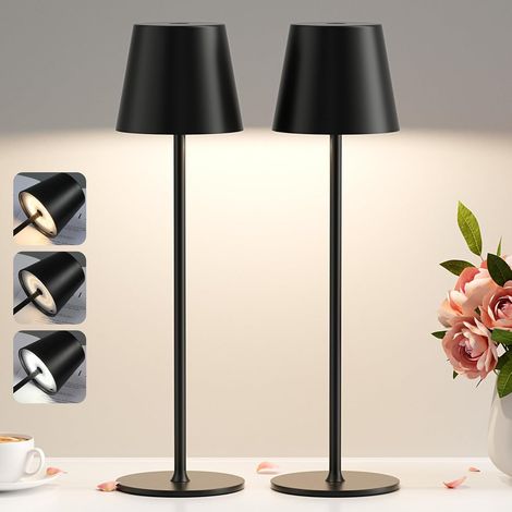 2 Pièces Lampe de Table LED Sans Fil, 3 Température de Couleur, Intensité Variable, Lampe de Chevet Tactile Rechargeable pour Chambre Salon Camping Jardin Café Extérieur(Noir) (1/5)