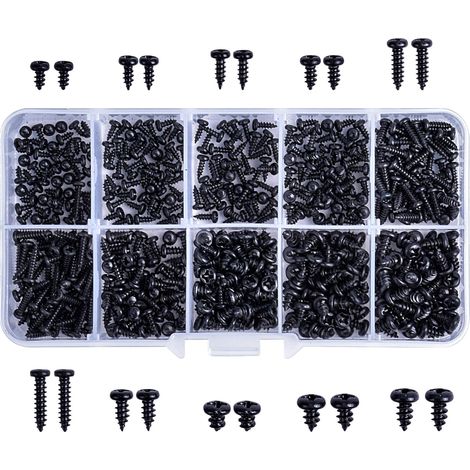 [JAMAIS UTILISÉ]500Pcs Kit d'Assortiment de Vis Autotaraudeuses à Tête Ronde en Acier Au Carbone, 10 Taille Noir à Tête Fraisée à Empreinte Cruciforme Vis Avec Boîte De Rangement Pour Bois Plastique,  (1/4)