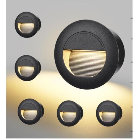 6er-Pack LED-Treppenleuchten, 3 W, 500 lm, 230 V, 3000 K, rund, 85 x 85 mm, IP65, Einbauwandleuchte, Treppenleuchte für Wandmontage, 68-mm-Einbaufassungen, schwarzes Aluminium (1/5)