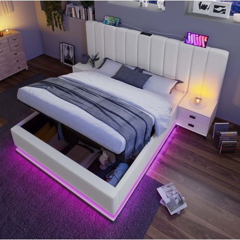 Cama doble tapizada 160x200 cm moderna con arcón hidráulico, LED 360°, USB y USB-C, PU blanco (1/5)