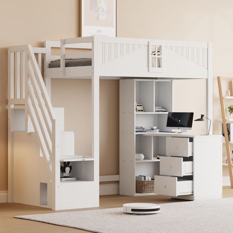 Kinder-Hochbett 90 x 200 cm mit Schreibtisch, Stauraum und Schubladen, weiß OKMYHOME (1/5)